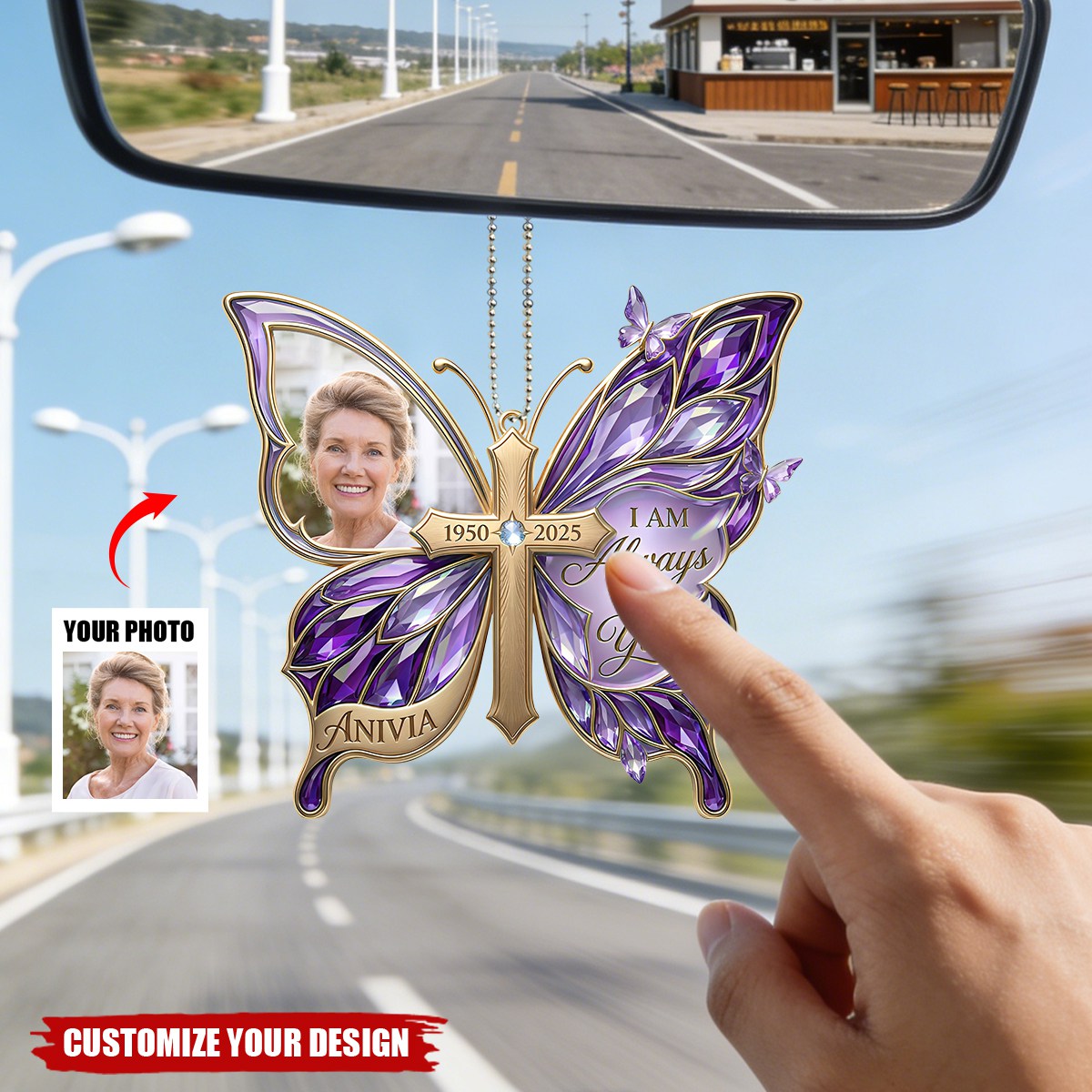 Custom Photo “Loving Memory” Butterfly Car Ornament - Personalized Memorial Gift