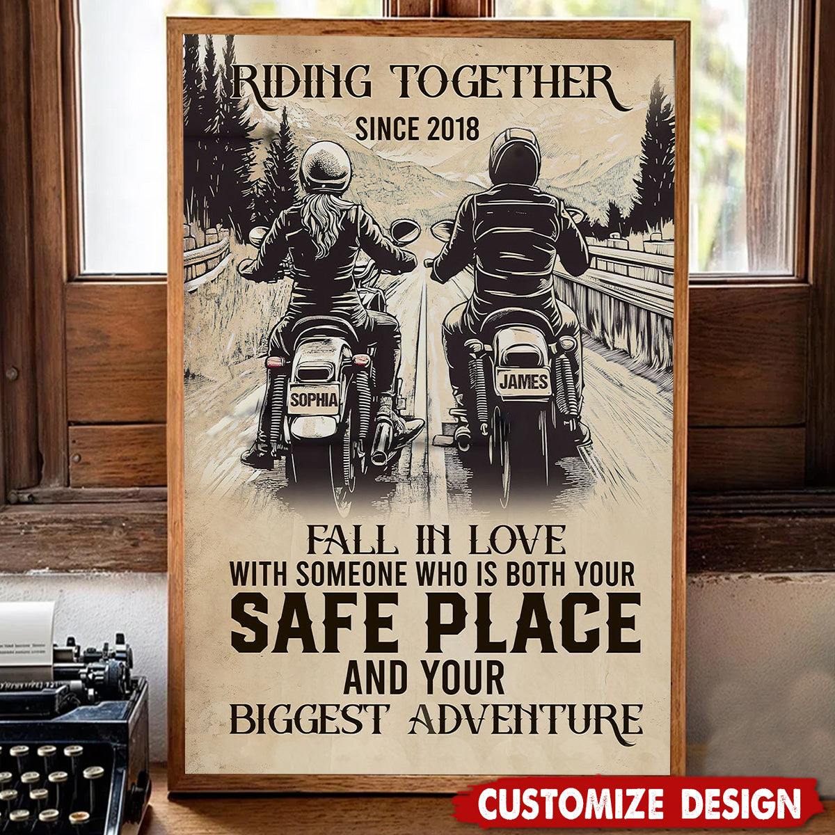 Custom motorcycle couple canvas featuring a vintage biker design with personalizable names and year