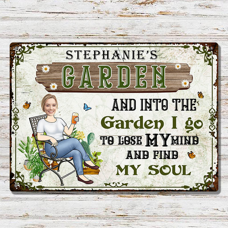 Custom Photo And Into The Garden I Go Gardening Girl - Personalized Custom Classic Garden Metal Signs