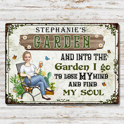 Custom Photo And Into The Garden I Go Gardening Girl - Personalized Custom Classic Garden Metal Signs