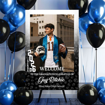 Personalized graduation welcome sign canvas featuring a student athlete with a football and helmet