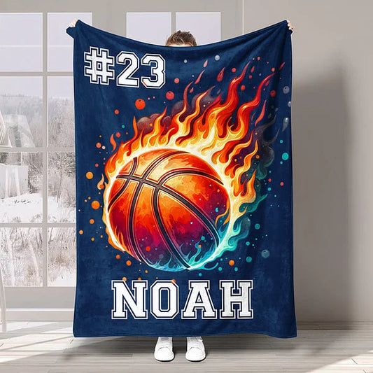 Personalized Flaming Basketball Throw Blanket - Custom Name & Number Gift for Fans