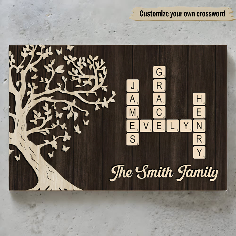 Custom Family Crossword Canvas: Personalized Names & Tree Wall Art