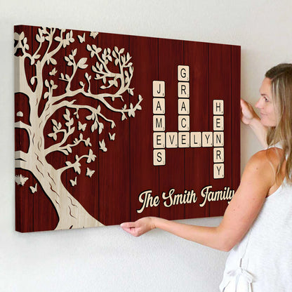 Custom Family Crossword Canvas: Personalized Names & Tree Wall Art