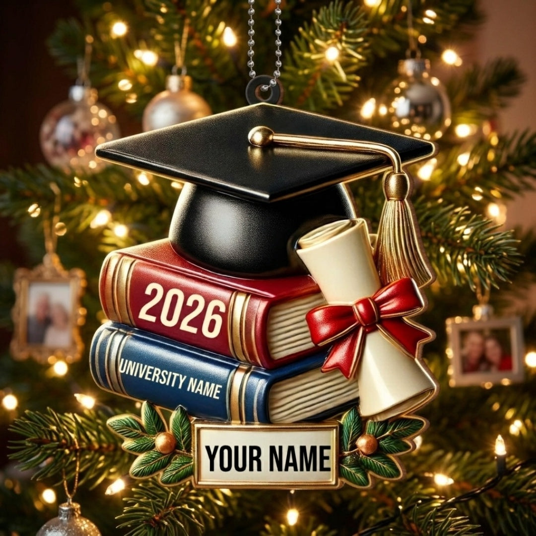 Cap, Books & Diploma Design - Personalized Custom Graduation Wood Car Ornament