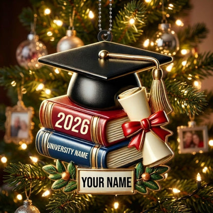 Cap, Books & Diploma Design - Personalized Custom Graduation Wood Car Ornament