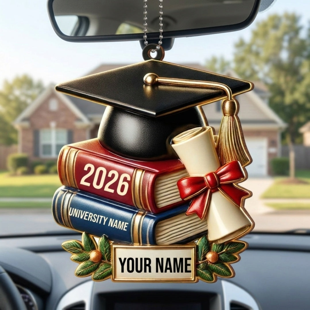 Cap, Books & Diploma Design - Personalized Custom Graduation Wood Car Ornament