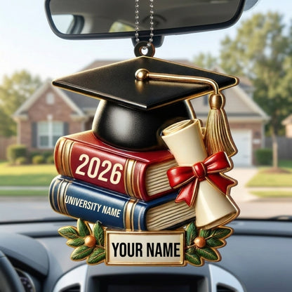 Cap, Books & Diploma Design - Personalized Custom Graduation Wood Car Ornament