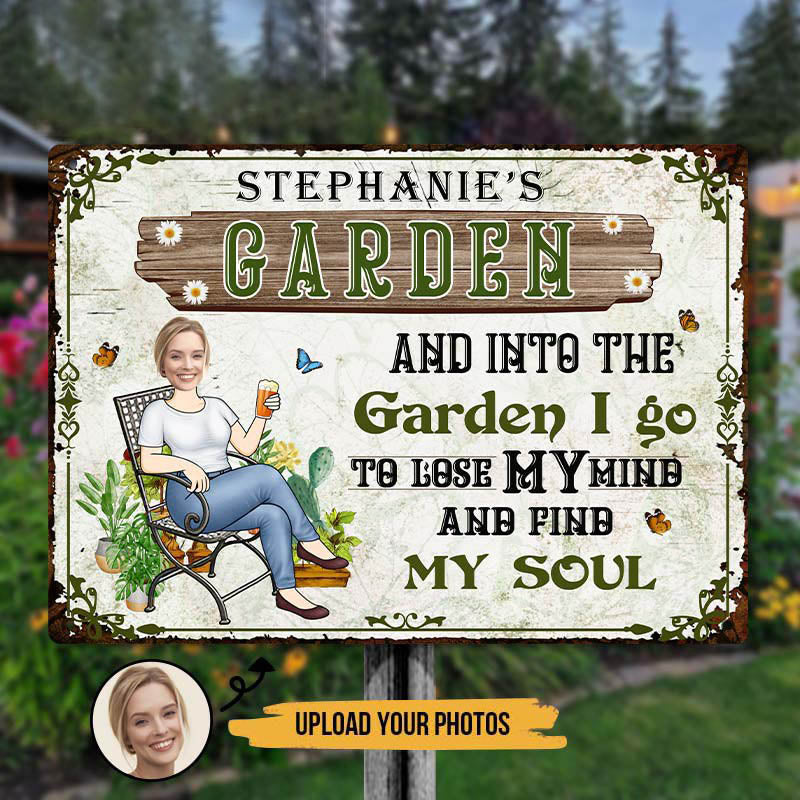 Custom Photo And Into The Garden I Go Gardening Girl - Personalized Custom Classic Garden Metal Signs