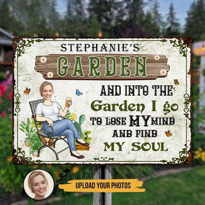Custom Photo And Into The Garden I Go Gardening Girl - Personalized Custom Classic Garden Metal Signs
