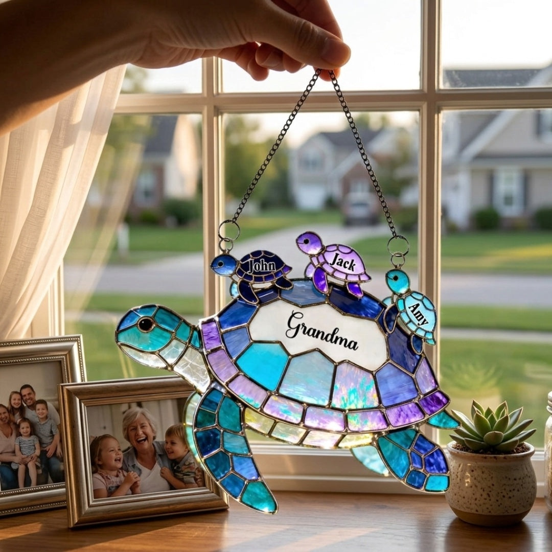 Personalized Turtle Suncatcher Ornament - Custom Window Hanging Decor - Gift for Mom Grandma from Grandkids