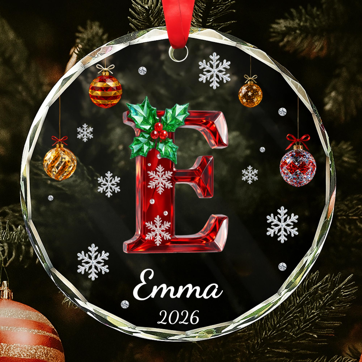 Festive Holly & Snowflakes Initial Personalized Glass Ornament - Holiday Keepsake for Family