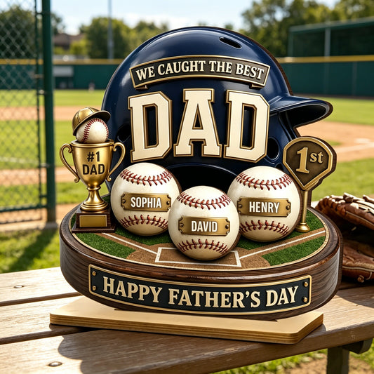 Personalized baseball dad wooden plaque helmet trophy featuring custom names on mini baseballs