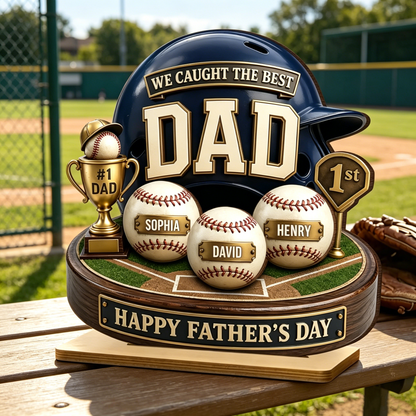 Personalized baseball dad wooden plaque helmet trophy featuring custom names on mini baseballs