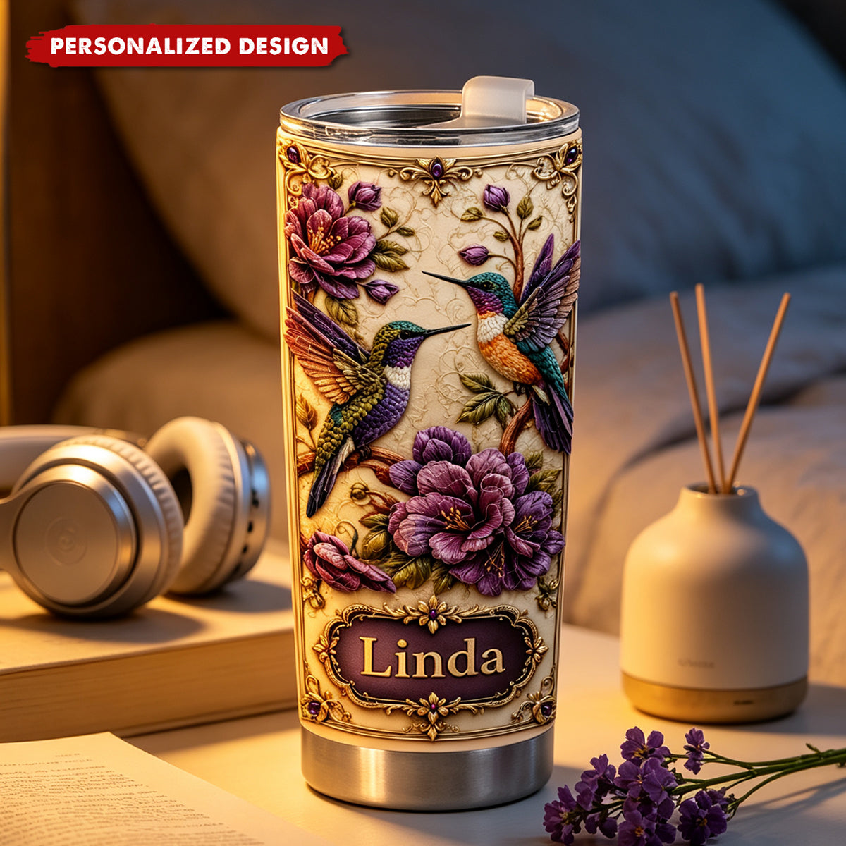 Floral Garden Hummingbirds Personalized Tumbler - Custom Travel Cup for Mom