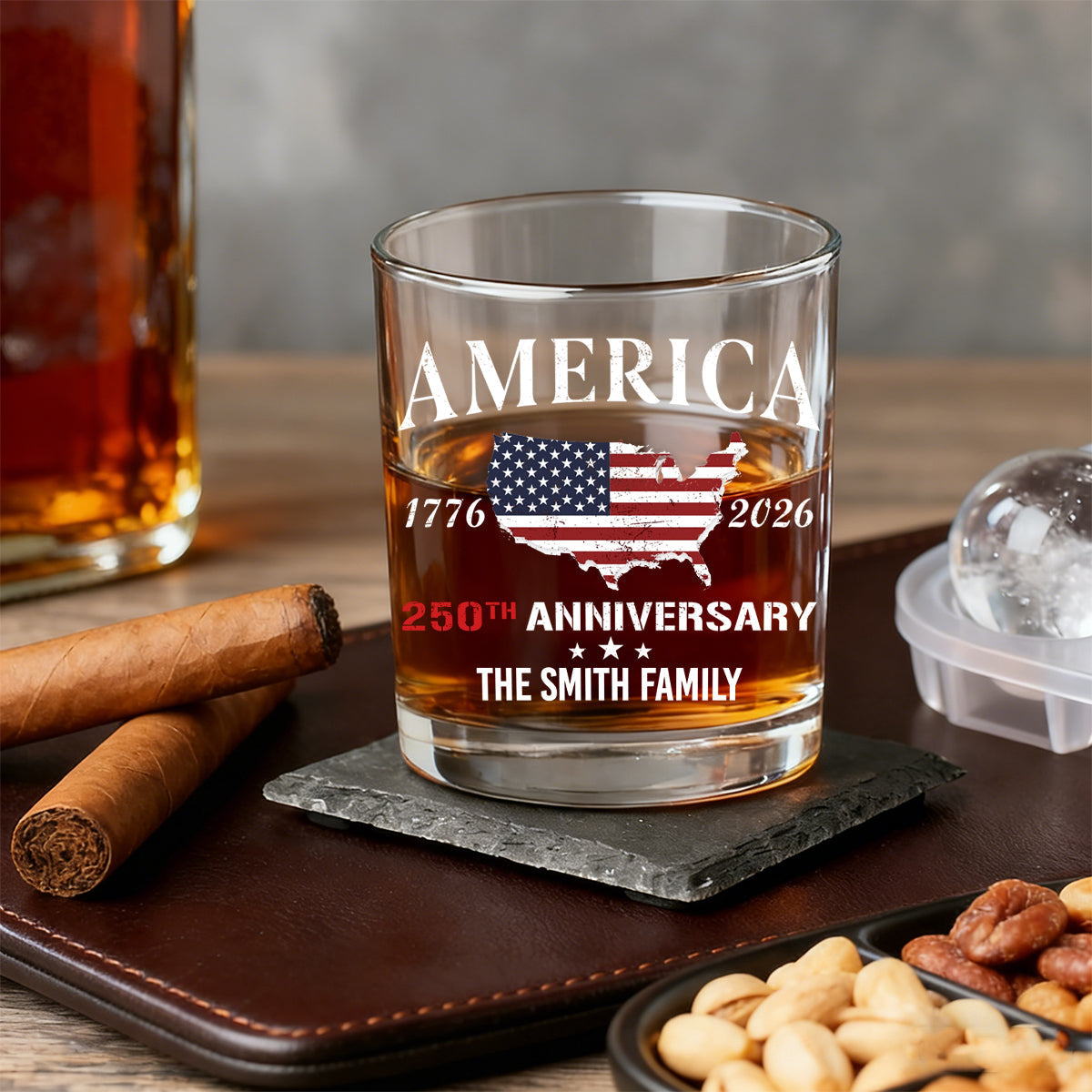 America 250th Anniversary - Personalized Family Name Whiskey Glass