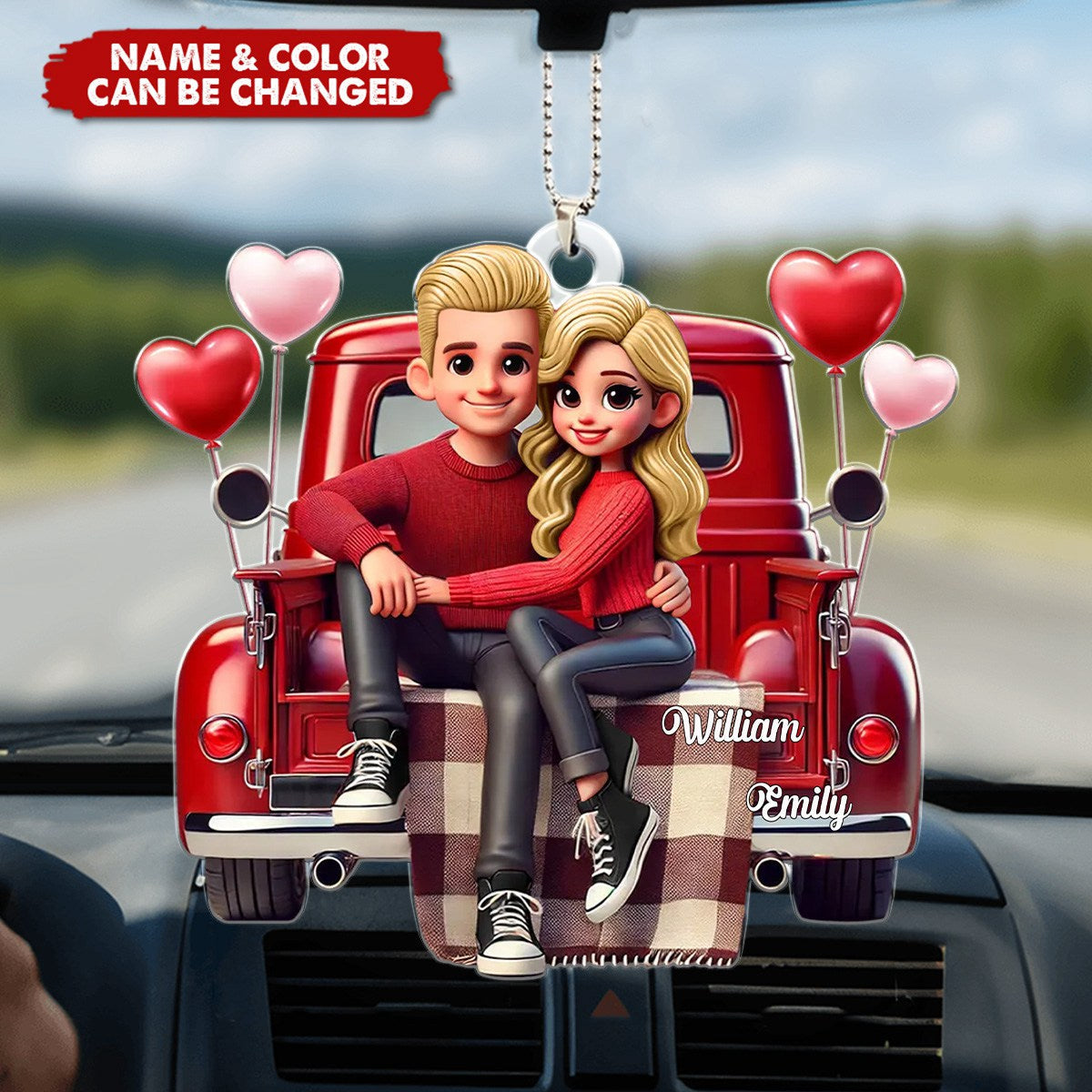 Personalized Custom Couple Sitting On Red Truck Acrylic Car Hanger Ornament - Valentine's Day Anniversary Gift For Couples
