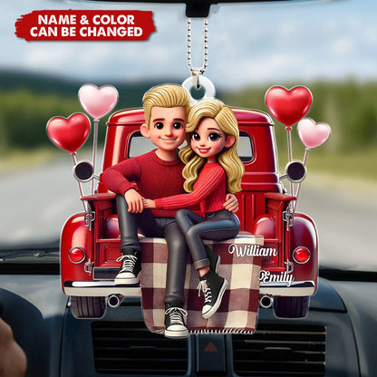 Personalized Custom Couple Sitting On Red Truck Acrylic Car Hanger Ornament - Valentine's Day Anniversary Gift For Couples