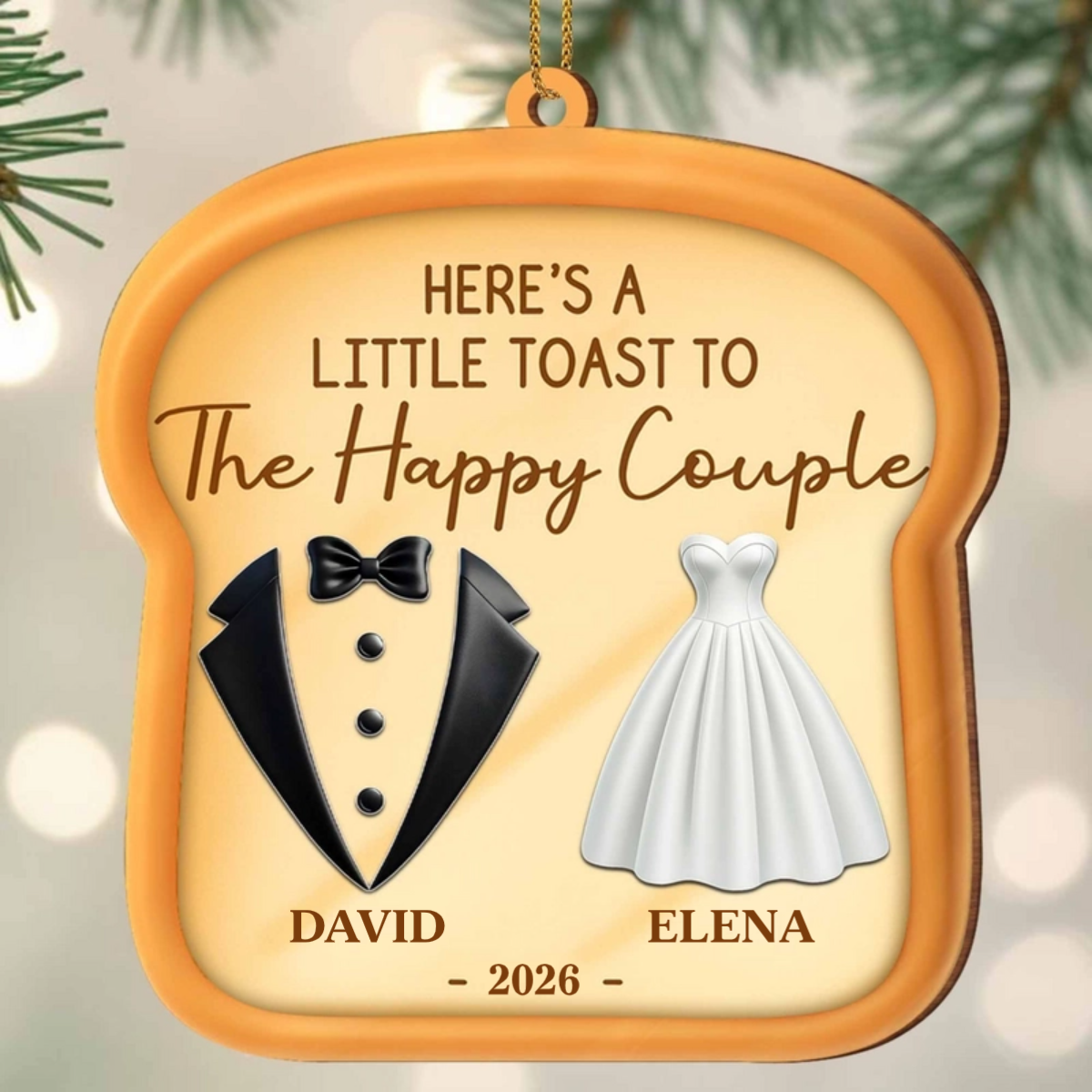 "Here's A Little Toast To The Happy Couple" Personalized Wooden Ornament - Wedding Keepsake Gift for Couples