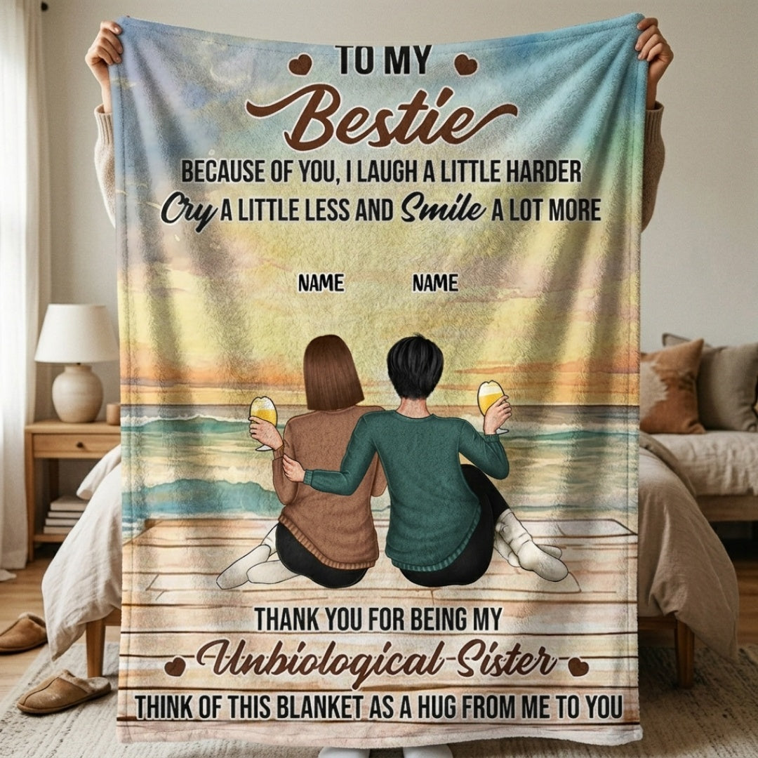 Because Of You I Laugh A Little Harder - Personalized Bestie Blanket