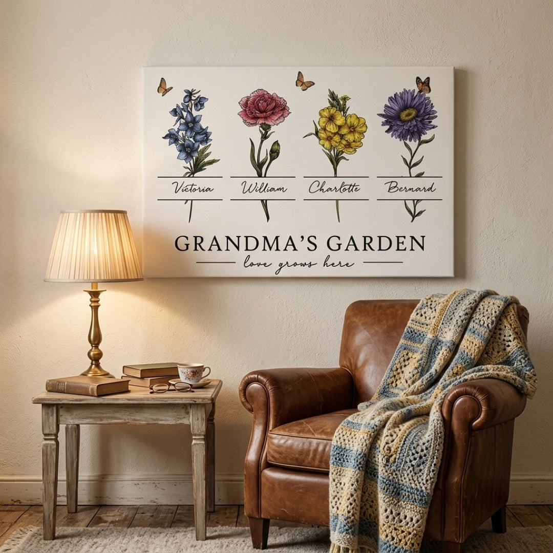 Grandma’s Garden “Love Grows Here” - Personalized Vintage Birth Month Flower Poster / Canvas