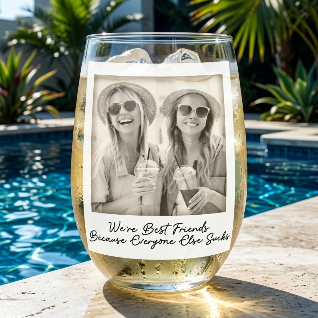 Personalized “Right In The Throat” Stemless Wine Glass - Custom Besties Gray Scale Photo Gift