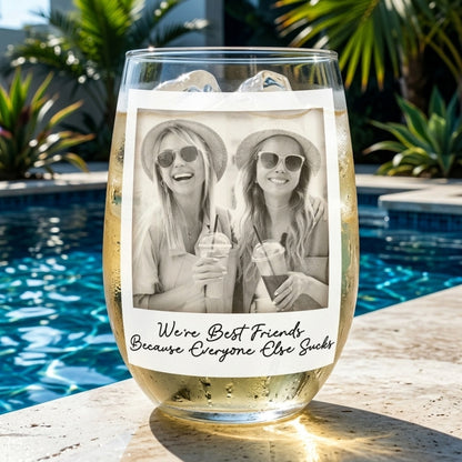 Personalized “Right In The Throat” Stemless Wine Glass - Custom Besties Gray Scale Photo Gift