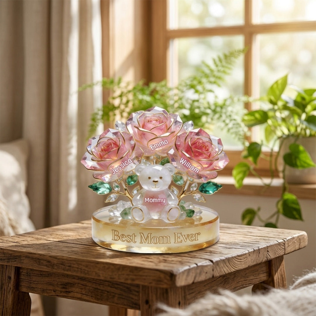 “Flower Bear” Personalized Shaped Acrylic Plaque - Custom Gift for Mom