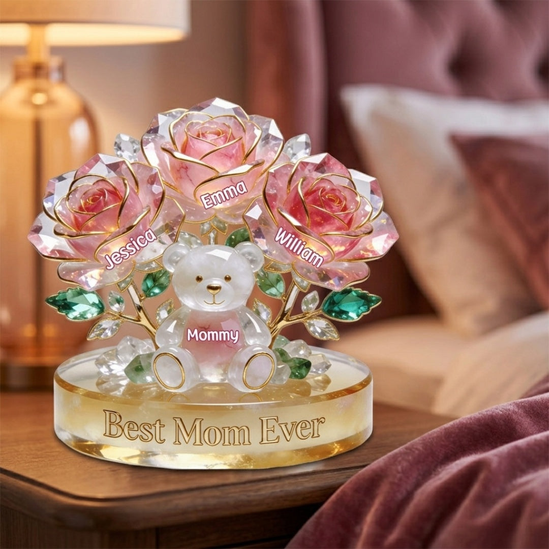 “Flower Bear” Personalized Shaped Acrylic Plaque - Custom Gift for Mom