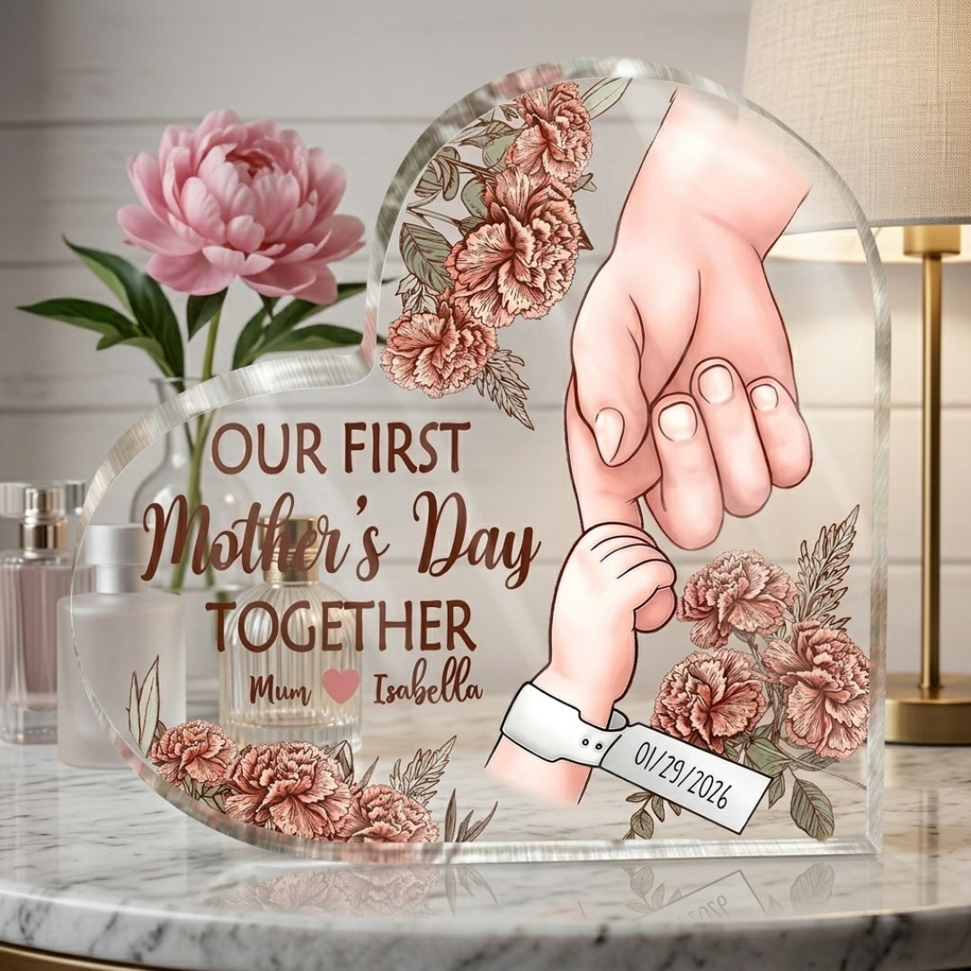 Great Job New Mom - Personalized Birth Flower Heart Shaped Acrylic Plaque