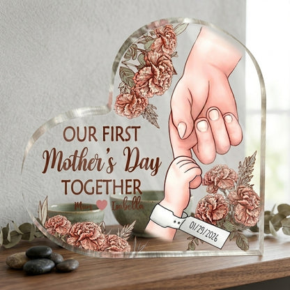 Great Job New Mom - Personalized Birth Flower Heart Shaped Acrylic Plaque