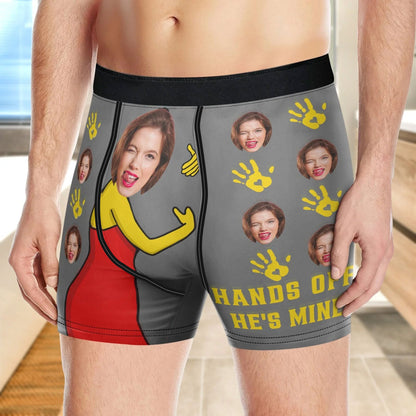 Personalized Custom Photo Hands Off He's Mine Men's Boxer Briefs - Funny Gift For Husband, Boyfriend