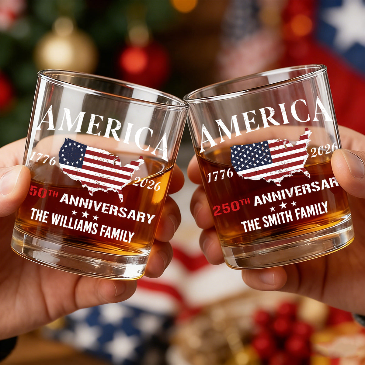 America 250th Anniversary - Personalized Family Name Whiskey Glass