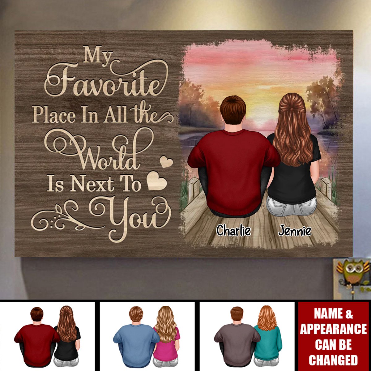 Personalized Couple Sitting Back View Wooden Sunset Lake Poster / Canvas