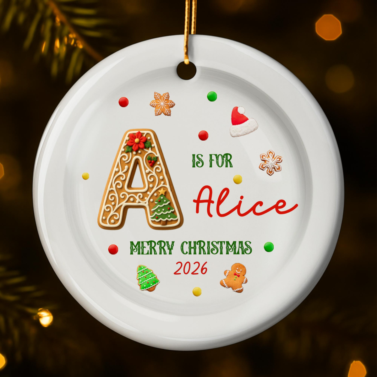 Merry Christmas Gingerbread Letter Personalized Ceramic Ornament - Custom Gift for Family and Friends