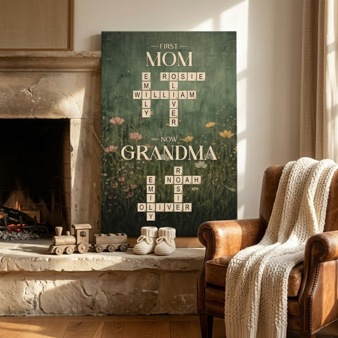 Personalized First Daddy Now Grandpa / First Mom Now Grandma Crossword Canvas - Custom Name Poster / Canvas - Heartfelt Grandparent Gifts