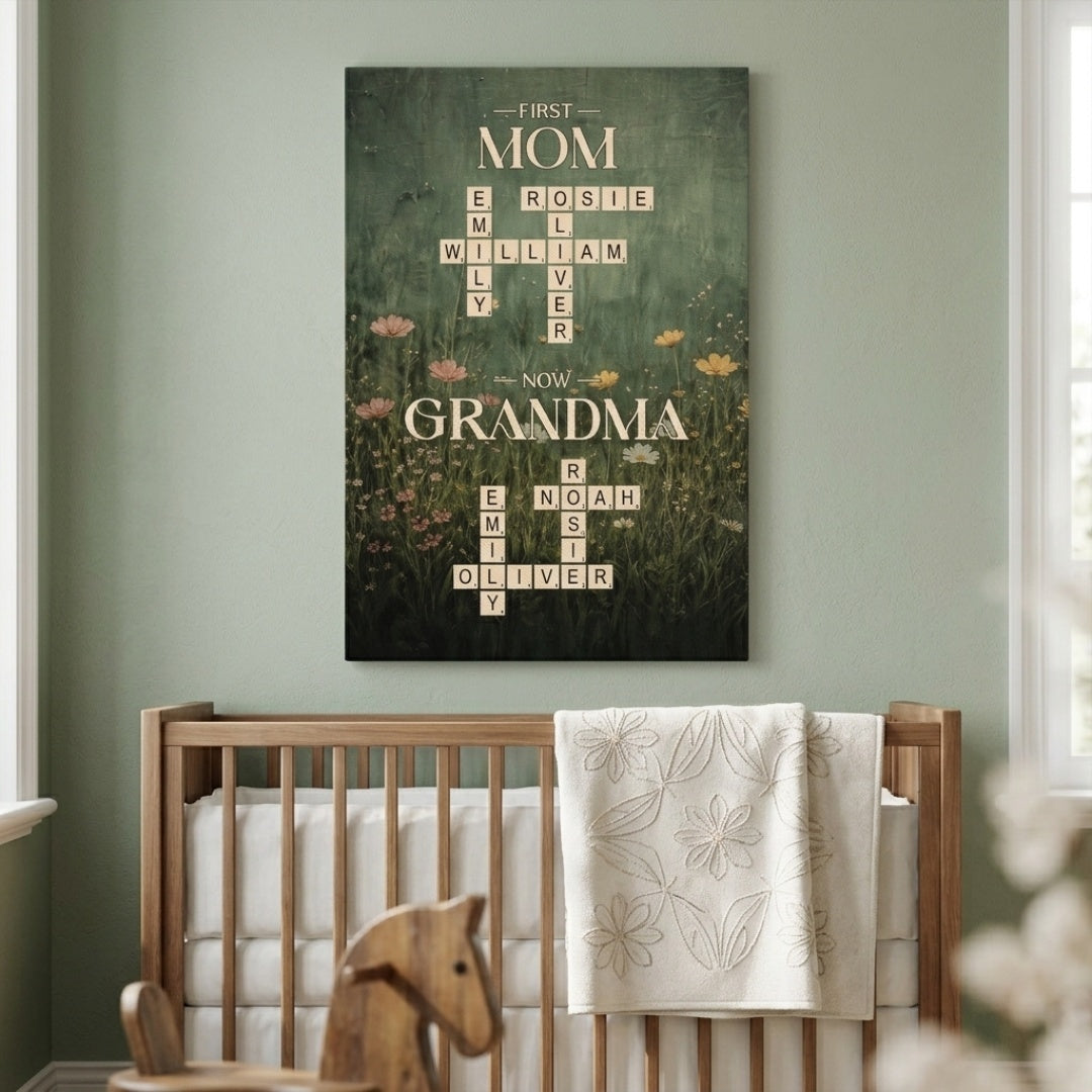 Personalized First Daddy Now Grandpa / First Mom Now Grandma Crossword Canvas - Custom Name Poster / Canvas - Heartfelt Grandparent Gifts