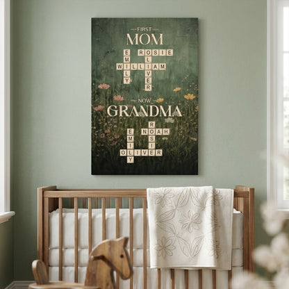 Personalized First Daddy Now Grandpa / First Mom Now Grandma Crossword Canvas - Custom Name Poster / Canvas - Heartfelt Grandparent Gifts