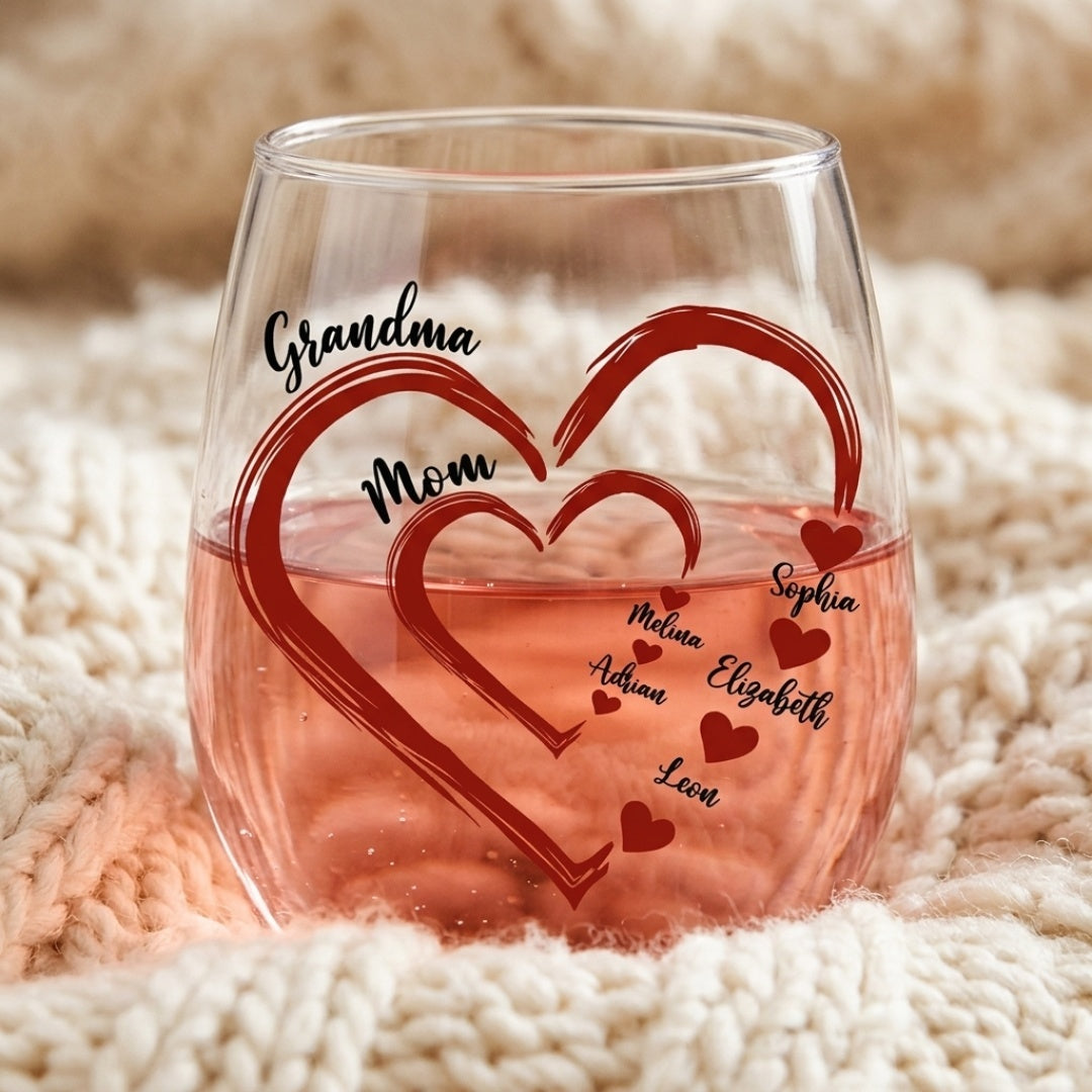 Personalized Sweethearts Stemless Wine Glass - Custom Gift For Mom & Grandma