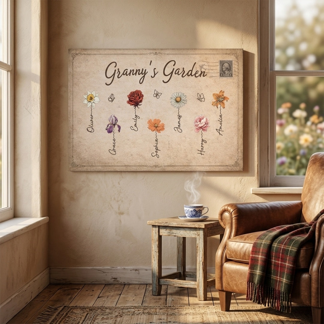 Personalized “Granny’s Garden” Vintage Canvas / Poster - Custom Gift for Grandma or Mom