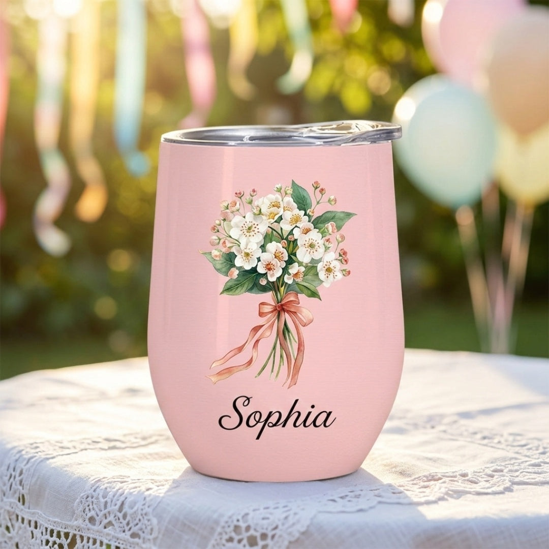 Personalized Birth Flower Wine Tumbler - Custom Name Gift for Her, Wife, Daughter