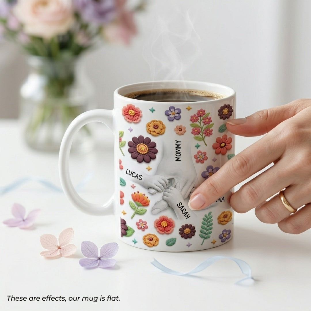 “Holding Mom’s Hand” Floral Mug - Personalized Gift for Mom & Grandma