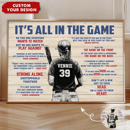 “It’s All In The Game” Personalized Baseball Poster / Canvas - Custom Boy & Girl Player Gift