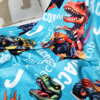 Custom Cartoon Monster Truck & Dinosaur Name Blanket - Kids Gift