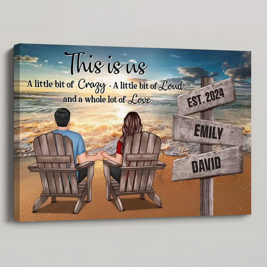 Personalized Custom Couple Sitting Holding Hands Sign Posts Canvas / Poster - Custom Romantic Beach Landscape Home Decoration