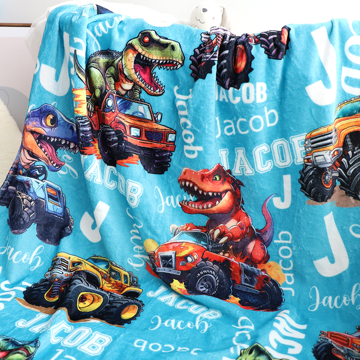 Custom Cartoon Monster Truck & Dinosaur Name Blanket - Kids Gift