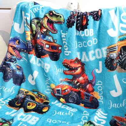 Custom Cartoon Monster Truck & Dinosaur Name Blanket - Kids Gift