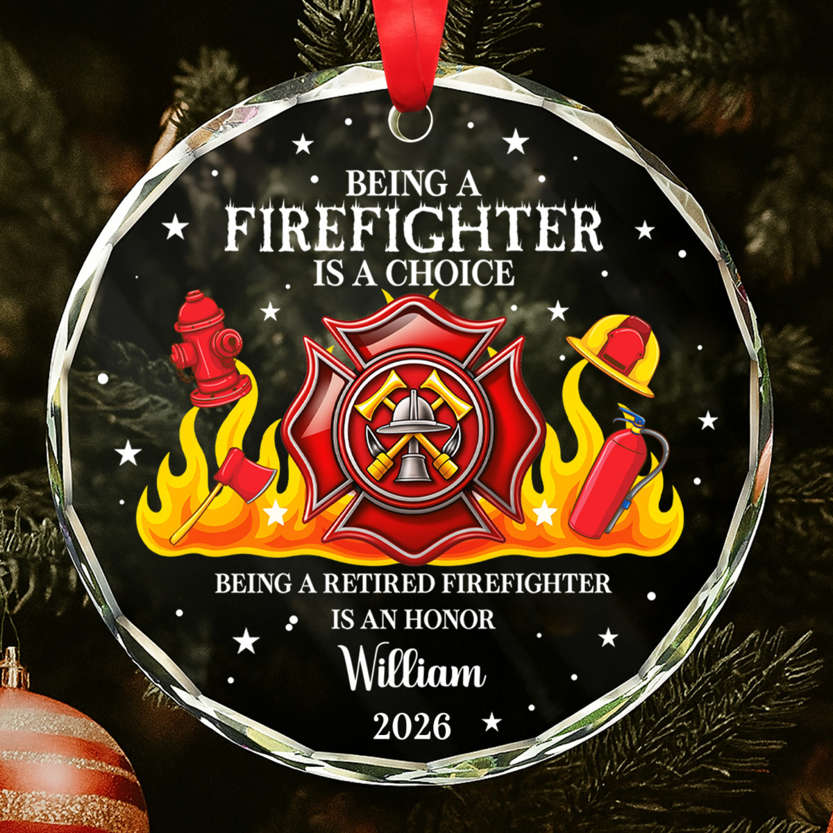 Retired Firefighter Is An Honor - Personalized Circle Glass Ornament for Dad Retirement