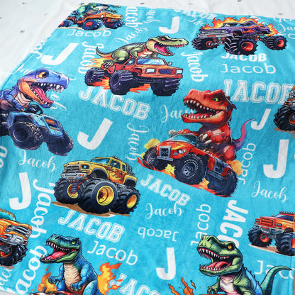 Custom Cartoon Monster Truck & Dinosaur Name Blanket - Kids Gift