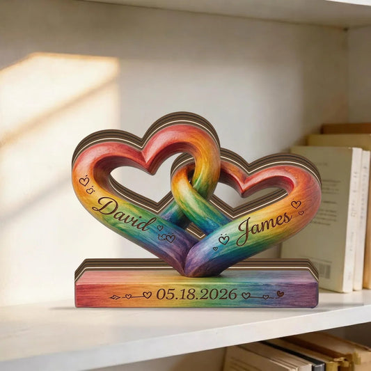 Custom Rainbow Interlocking Hearts Wooden Sign for Couples with personalized design details for meaningful gifting